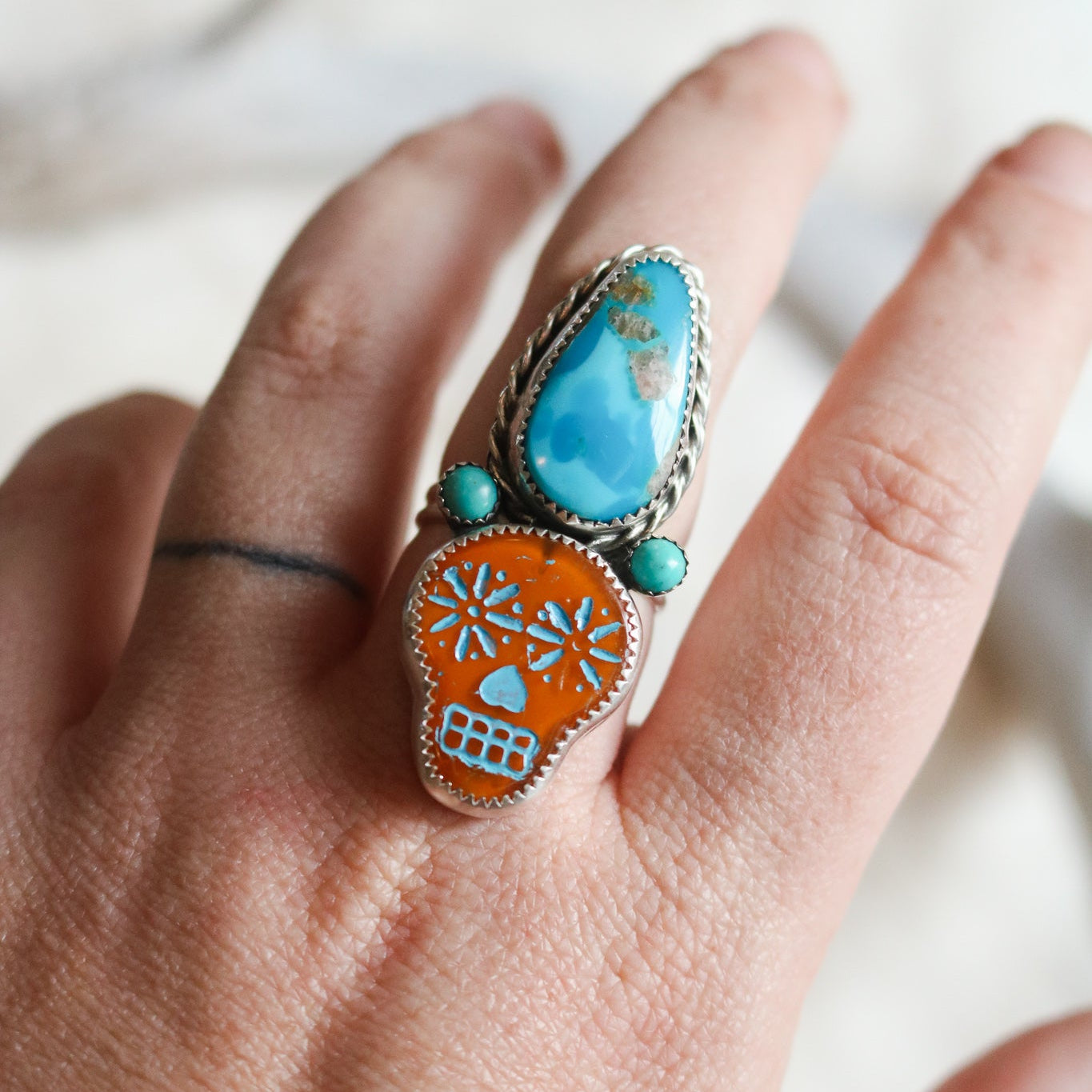 Orange Sugar Skull + Turquoise Ring - Size 8 // One of a Kind