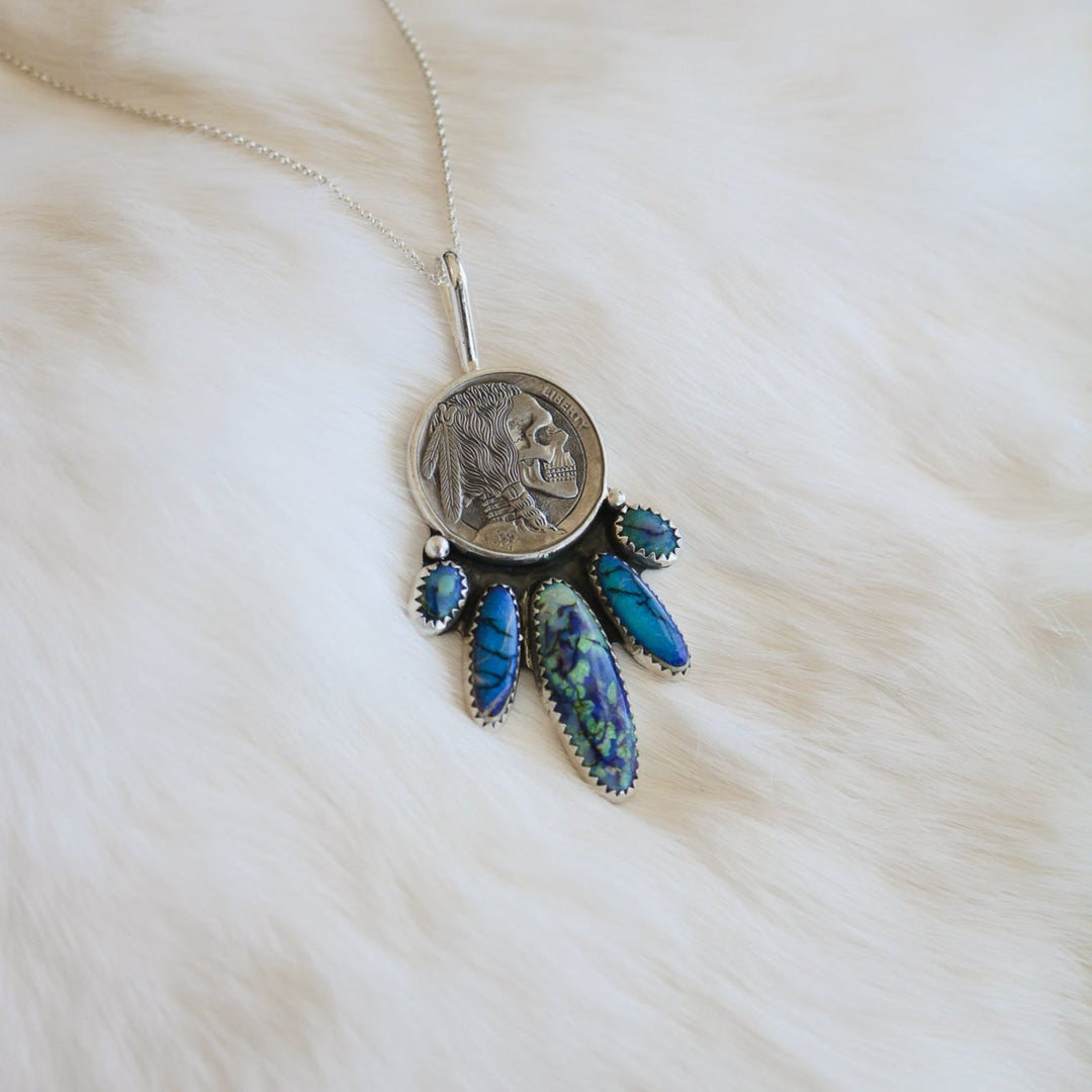 Engraved Five Tribes Buffalo Nickel Necklace in Sterling Opal // One of a Kind