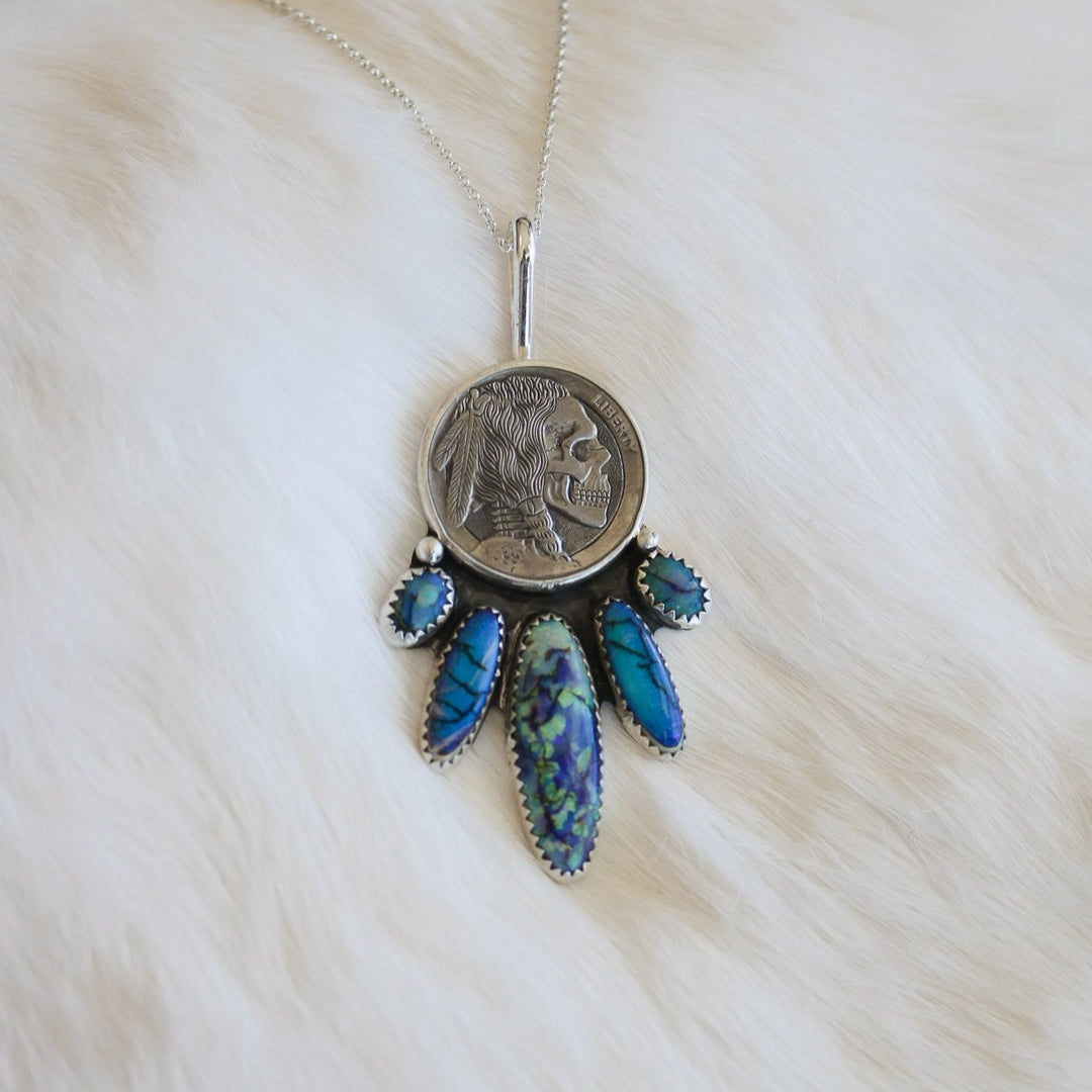 Engraved Five Tribes Buffalo Nickel Necklace in Sterling Opal // One of a Kind