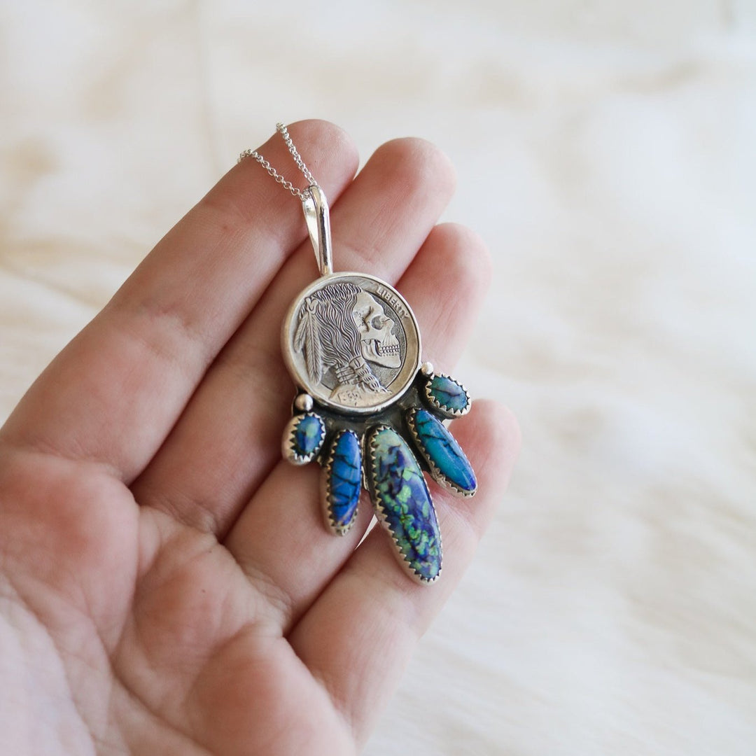 Engraved Five Tribes Buffalo Nickel Necklace in Sterling Opal // One of a Kind