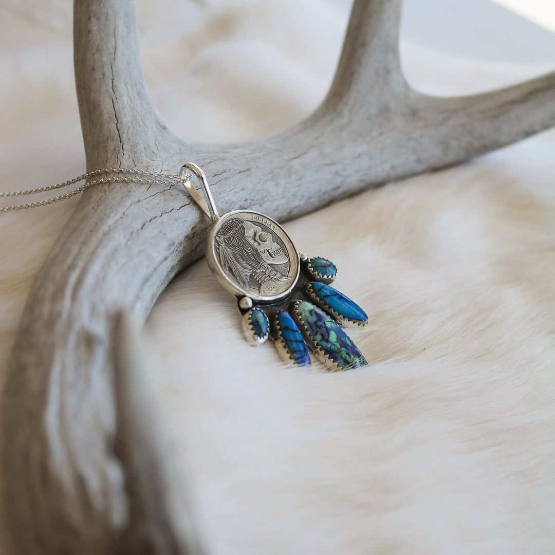 Engraved Five Tribes Buffalo Nickel Necklace in Sterling Opal // One of a Kind